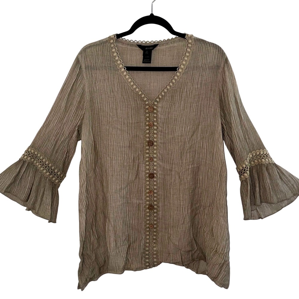 Ali Miles Size Medium Lt Brown Neutral Peasant Lace Trim Bell Sleeve Boho Chic